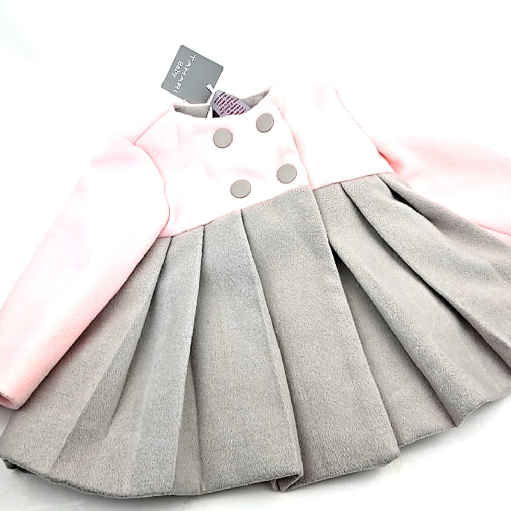Tahari Baby Dress Coat Size 3/6m Girls Pink Gray Jacket Snap Buttons Pleated